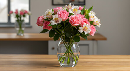 Naklejka premium Pastel Pink Rose Bouquet in Glass Vase – Soft Floral Arrangement