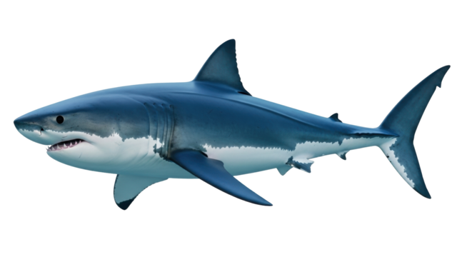 Isolated predatory ocean great white shark, side view swimming in sea, apex predator, wild ocean