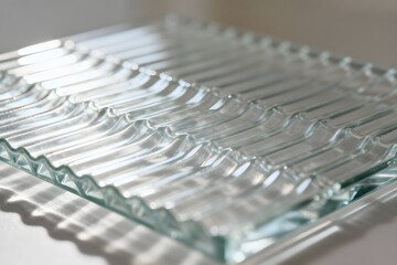Fototapeta premium Elegant close-up of a modern corrugated glass panel, showcasing intricate light reflections and wavy shadows.