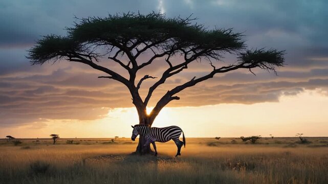 Zebra standing near a tree in the african savanna at sunset with cloudy sky and golden light zebra video