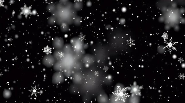 Gentle flurry of realistic snowflakes falling in a calm winter storm with a bokeh effect on a black background