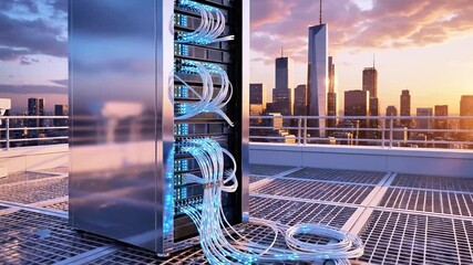 A data center rack with illuminated cables, and a city skyline at sunset - Powered by Adobe