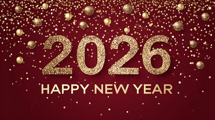2026 Golden Glitter Numbers with Happy New Year Text and Festive Ornaments on Red Background
