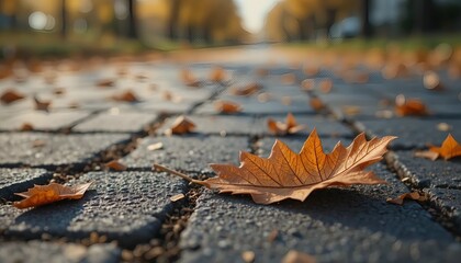Colorful autumn maple leaves covering the brown forest road and grass, partially frosted with snow, provide a golden fall nature closeup