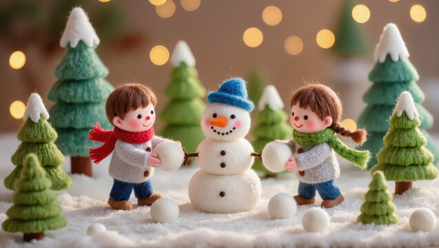 Christmas felt children building snowman in snowy forest with handmade trees and glowing lights, festive winter holiday scene full of joy and warmth - Powered by Adobe