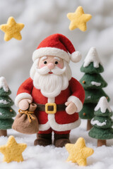 Christmas felt Santa Claus with red suit and gift bag standing in snowy forest with trees and yellow stars, cute handmade holiday figure