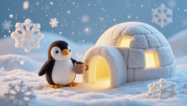 Christmas felt penguin holding cocoa cup near glowing igloo in snowy landscape with snowflakes, cute handmade winter scene with cozy atmosphere