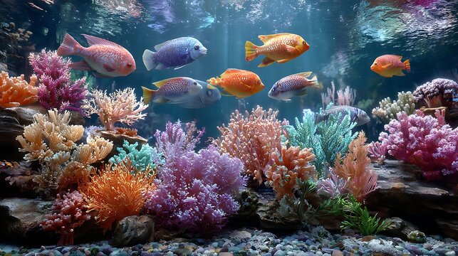 A vibrant aquarium teeming with colorful fish swimming amidst a diverse array of coral formations, creating a captivating underwater spectacle of life and beauty