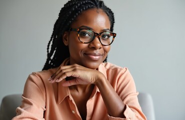 Attractive African American woman with glasses smiles gently. She rests chin on hand, looking thoughtful. Relaxed female pose in simple attire.