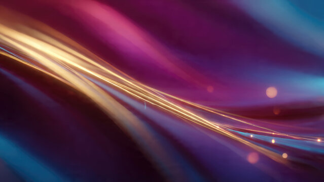 Dynamic abstract image featuring glowing golden light trails against a vibrant backdrop of flowing blues, purples, and magentas, with soft bokeh lights.