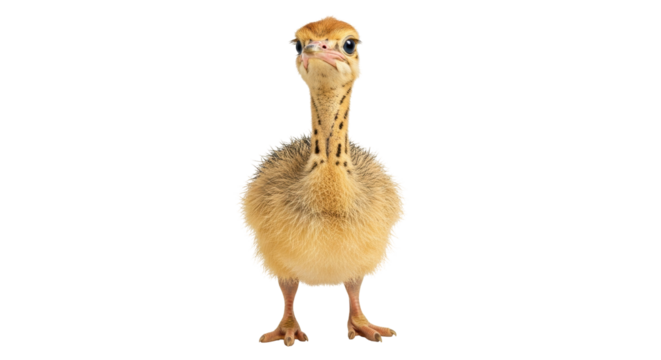 Isolated baby ostrich chick standing alone facing forward in studio shot for design elements