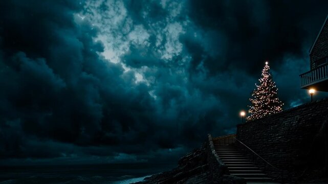 Festive Christmas Tree Illuminates a Dark, Stormy Coastal Night Scene