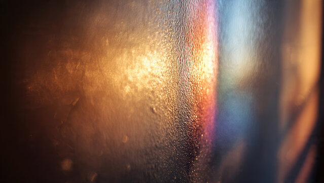 Abstract close-up of condensation on a surface, catching warm golden light and a vibrant spectrum of refracted colors, creating a luminous texture.