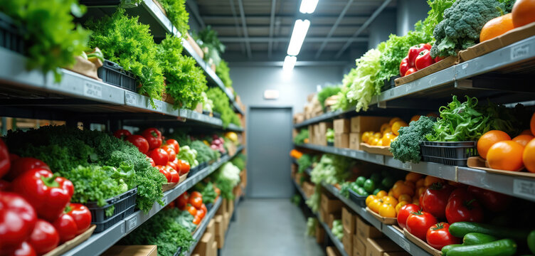 Industrial walk-in cooler holds fresh vegetables, fruits. Aisle in food warehouse with produce on racks. Commercial cold storage for grocery supply chain, restaurants. Raw food preservation in