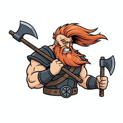 Fototapeta premium Furious Viking Warrior with Red Beard and Two Axes.
