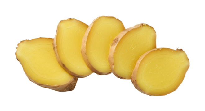 Isolated Cut Ginger Slices a Spice and Flavor Enhancer Healthy Food Ingredient, Closeup