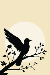 A graceful bird silhouette perched on a branch against a bright sun backdrop, symbolizing freedom, peace, and nature’s beauty in a minimalist, elegant vector style.