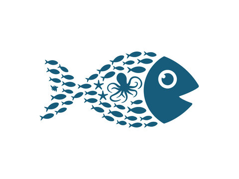 Creative school of fish forming a larger fish shape with octopus
