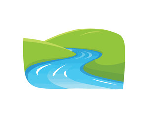 Cartoon river flowing through green hills