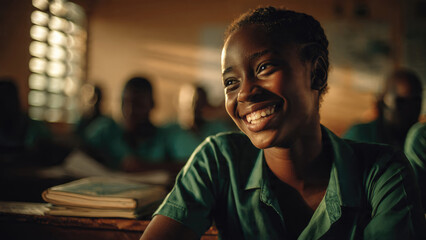 A young, happy African student in a classroom, smiling brightly, with warm light illuminating her face as she learns with joy.