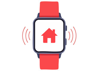 A smartwatch displays a home icon with radiating alerts, signifying immediate threat detection. Modern, graphic design.  High contrast, bold colors.