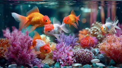 A captivating aquarium scene featuring a group of goldfish gracefully swimming among vibrant coral, creating a mesmerizing display of aquatic life and natural beauty