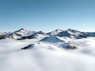 A breathtaking aerial view of snow-covered mountain peaks piercing through a thick blanket of clouds.