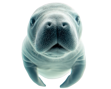 Close-up of a manatee's face, underwater, looking straight into the camera
