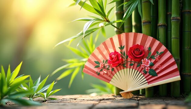 Red Chinese folding fan with rose pattern rests near bamboo stalks. Gentle sunlight illuminates rich green leaves in soft focus. Elegant traditional decor. - Powered by Adobe