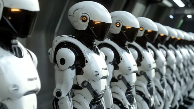 Uniform robot army stands at attention