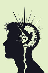 Surreal silhouette artwork showing a bird emerging from a shattered mind, symbolizing emotional healing, inner freedom, and mental transformation. Ideal for themes of psychology, trauma recovery, and 