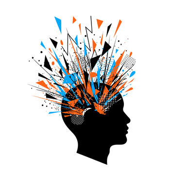 Abstract illustration of a human head exploding with geometric shapes and lines.