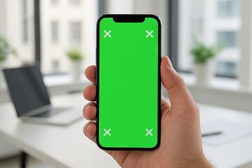 Man hand holding modern smartphone with green screen and tracking markers for chroma key compositing. Mobile phone with mockup display. copy space