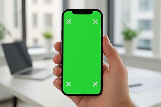 Man hand holding modern smartphone with green screen and tracking markers for chroma key compositing. Mobile phone with mockup display. copy space - Powered by Adobe