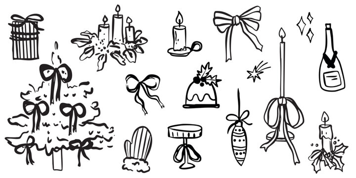 Winter whimsical christmas tree doodle sketch vector illustration. Holiday line art simple party decoration for new year. Minimalist snowflake outline set. 