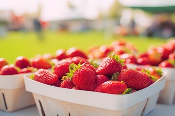 Strawberries in white boxes at a rustic outdoor market, vibrant color against soft-focus grass, conveying summer love for agricultural storytelling.