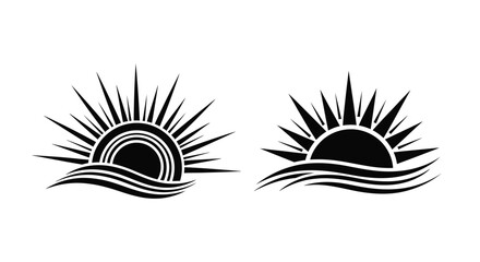 Two stylized black and white illustrations of sunrises over water waves