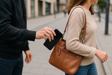 Man stealing a womans phone from her bag while she walks on a street. Pickpocket crime prevention and awareness concept.