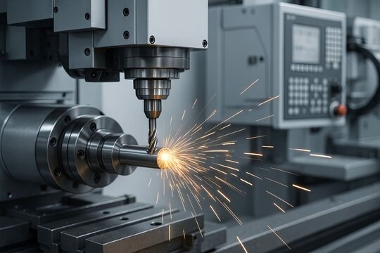 CNC machining process with sparks flying from metal cutting machine. Industrial manufacturing precision and automation. Modern factory engineering.