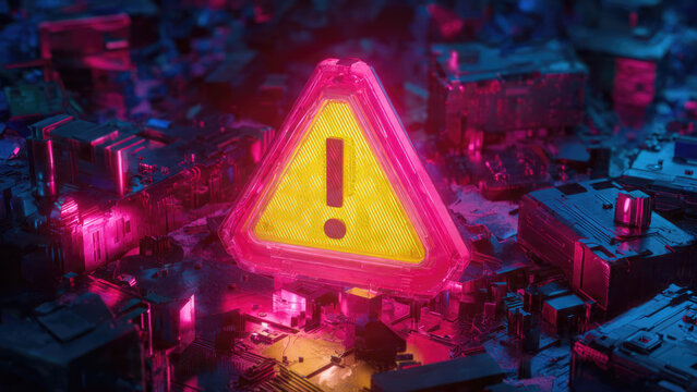 A glowing neon warning triangle with an exclamation mark sits atop a complex, blue and pink lit electronic circuit board, symbolizing digital threats.