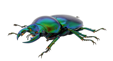 Isolated iridescent insect, beetle with large jaws and ornate legs, colorful macro closeup
