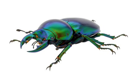 Isolated iridescent insect, beetle with large jaws and ornate legs, colorful macro closeup