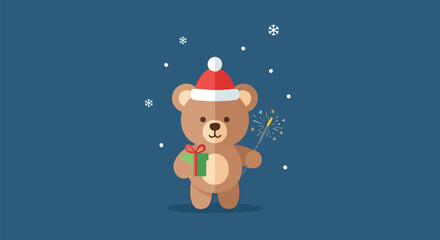 Cute teddy bear wearing a Santa hat, holding a gift and a sparkler, with falling snowflakes on a blue background, flat design illustration.
