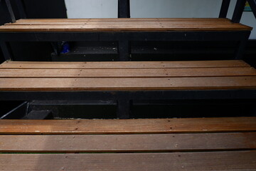 Low Angle Wooden Plank Bench with Black Metal Frame Seating