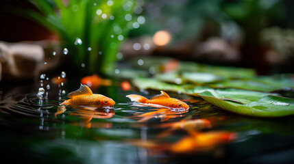 Zen koi pond with colorful koi fish gliding beneath lily pads, ripples and reflections, tranquil garden scene, with copy space