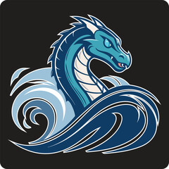 Vector illustration of a powerful blue sea dragon mascot emerging from ocean waves