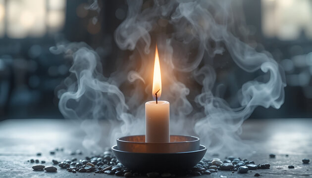 Candle flame with smoke on a wooden table in a dark room background - Powered by Adobe