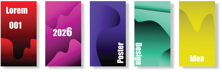 A set of five modern abstract posters featuring vibrant gradient shapes in purple, red, and orange hues. Each design incorporates minimalist typography and geometric elements