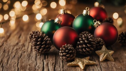 Festive Christmas Ornaments and Pinecones on a Rustic Wooden Table.