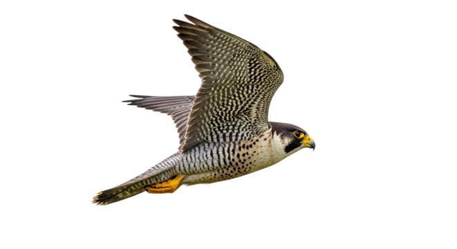 Isolated peregrine falcon in flight over land, a raptor with pointed wings and long tail soaring high